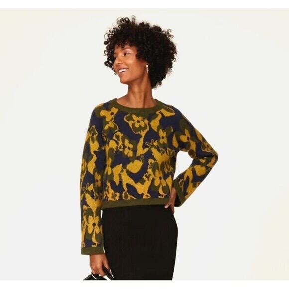 RAMY BROOK Sandi Jacquard Knit Floral Sweater Blue and Gold Size Large - Picture 3 of 10